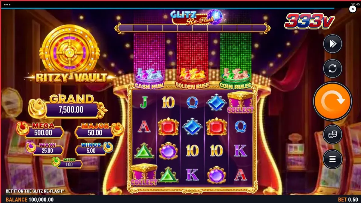 Tampilan layar permainan slot Bet It on the Glitz Re-Flash dengan tema neon Vegas yang gemerlap.