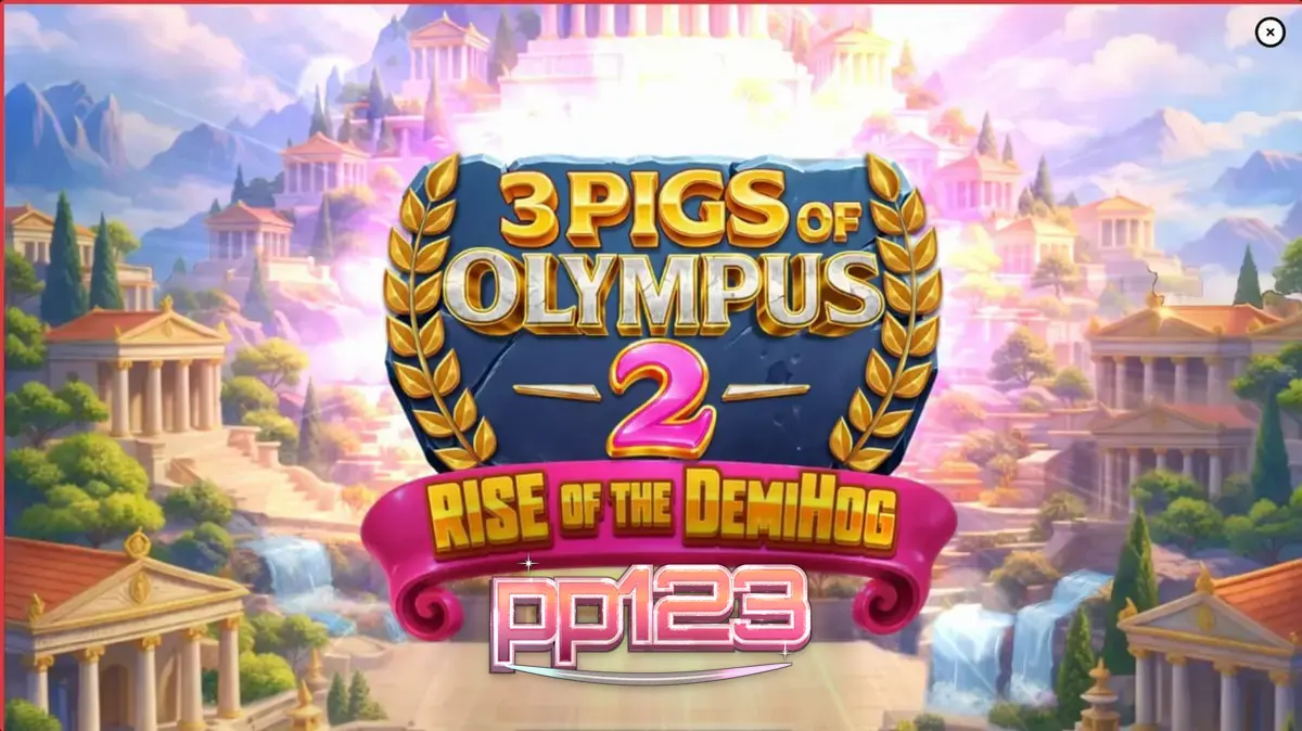 Tampilan visual slot 3 Pigs of Olympus 2 dengan tema babi pahlawan di Gunung Olympus